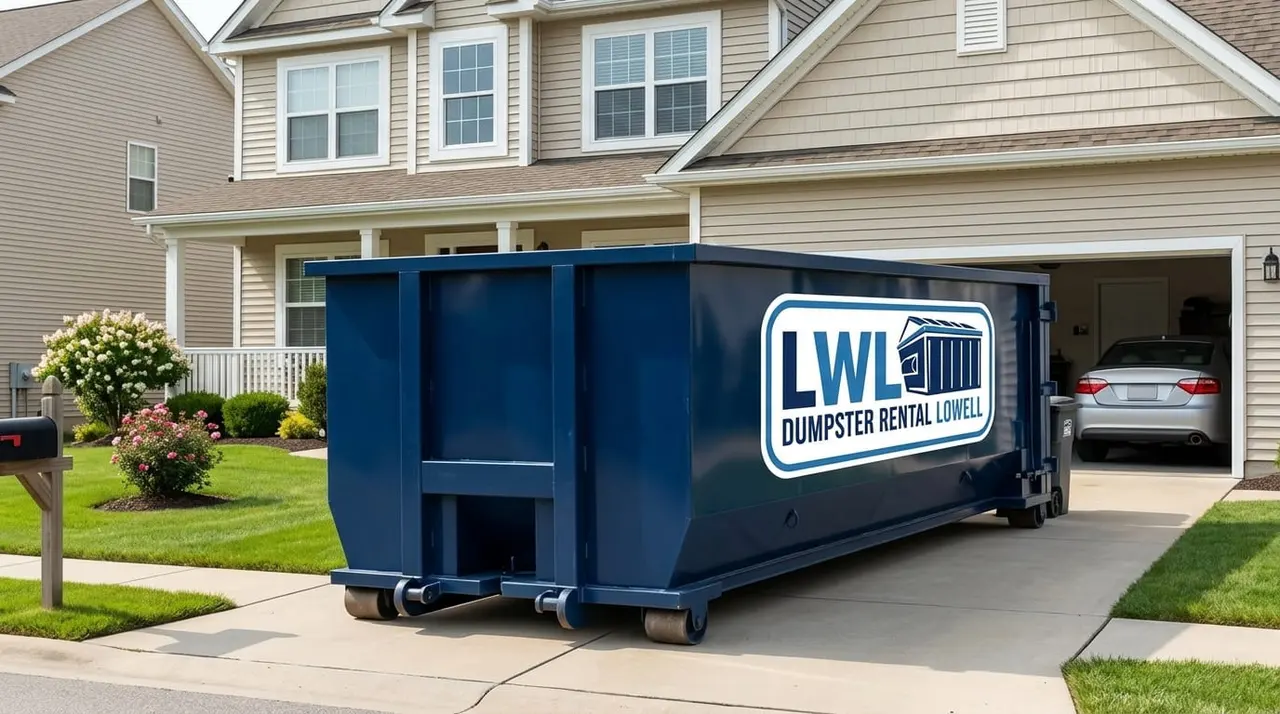 LWL Dumpster Rental roll-off truck and container on a Lowell, MA street